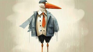 a cartoon of a bird wearing a jacket with the wor photo