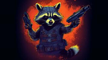 a cartoon of a raccoon with a gun in his hand photo