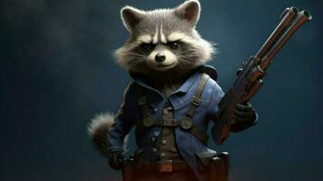 a cartoon of a raccoon with a gun in his hand photo