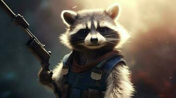 a cartoon of a raccoon with a gun in his hand photo