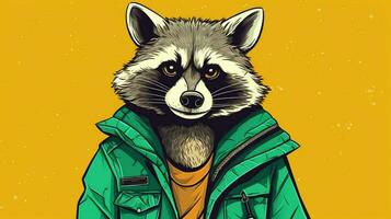 a cartoon of a raccoon wearing a green jacket and photo