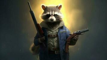 a cartoon of a raccoon with a gun in his hand photo