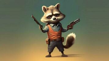 a cartoon of a raccoon with a gun in his hand photo