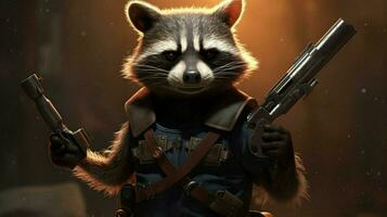 a cartoon of a raccoon with a gun in his hand photo