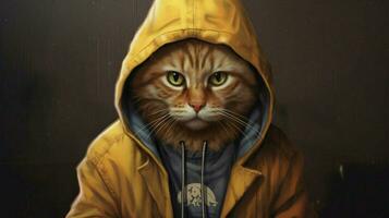 a cat in a hoodie and a jacket with the word cat photo