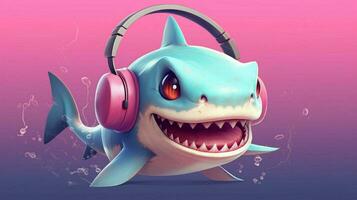 un dibujos animados tiburón con auriculares y un rosado cabezaba foto