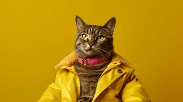 un gato en un amarillo chaqueta con un amarillo antecedentes foto