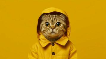 a cat in a yellow jacket with a yellow background photo