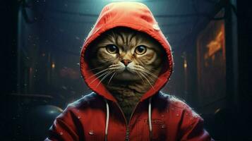 a cat in a hoodie and a jacket with the word cat photo