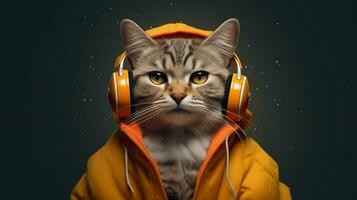 a cat wearing a jacket and headphones with the nu photo