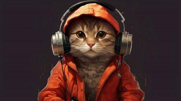 a cat wearing a jacket and headphones with the nu photo