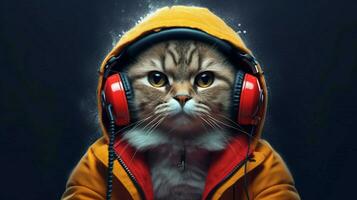 a cat wearing a jacket and headphones with the nu photo