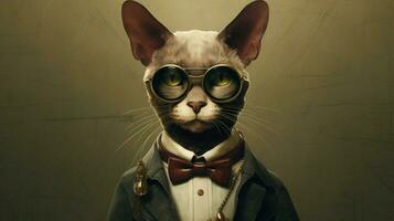 a cat wearing glasses and a collar with a tag tha photo