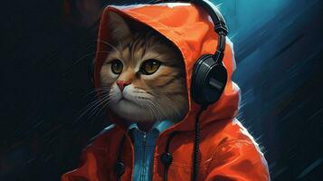 a cat wearing a jacket and headphones with the nu photo