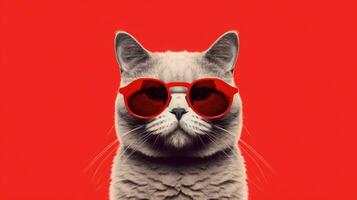 a cat wearing sunglasses and a red background wit photo