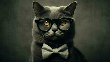 a cat with a black rimmed glasses and a black bow photo