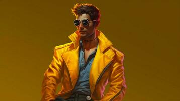 un personaje vistiendo un amarillo chaqueta y gafas de sol foto