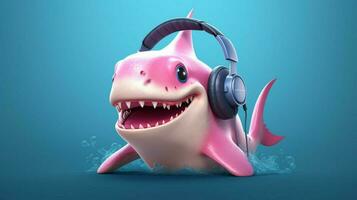un dibujos animados tiburón con auriculares y un rosado cabezaba foto