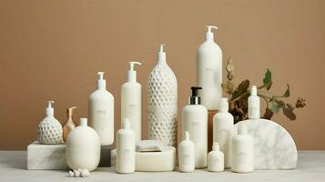 a collection of white bottles of skincare includi photo