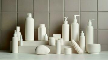 a collection of white bottles of skincare includi photo