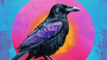 a colorful illustration of a crow with a black co photo