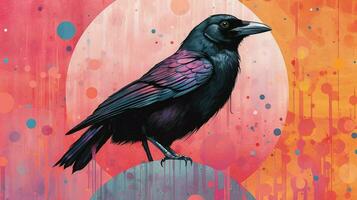 a colorful illustration of a crow with a black co photo