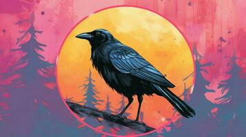 a colorful illustration of a crow with a black co photo