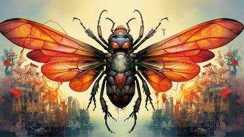 a colorful illustration of a giant insect with a photo