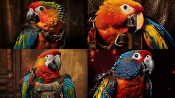 a colorful parrot with a leather harness is shown photo