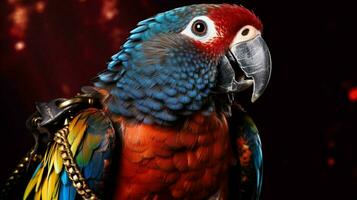 a colorful parrot with a leather harness is shown photo