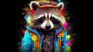 a colorful raccoon with a hat and jacket photo