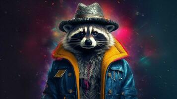 a colorful raccoon with a hat and jacket photo