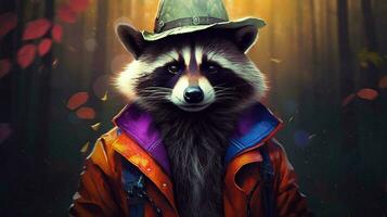 a colorful raccoon with a hat and jacket photo
