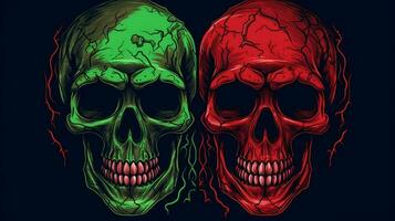 a colorful skull with a green skull and a red sku photo