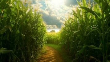 a corn field with the sun shining on it photo