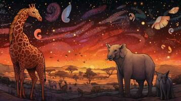 a cosmic zoo with a red and orange starry sky in photo