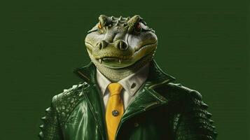 a crocodile with a green eyes and a jacket with t photo