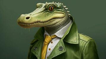 a crocodile with a green eyes and a jacket with t photo