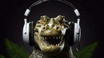 a crocodile with headphones on his head photo