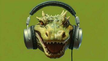 a crocodile with headphones on his head photo