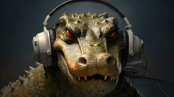 a crocodile with headphones on his head photo