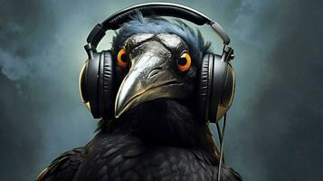 a crow with headphones on his head photo