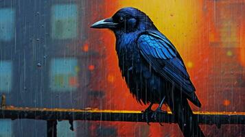 a crow in a city with a raindrop on his beak photo