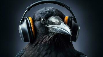 a crow with headphones on his head photo