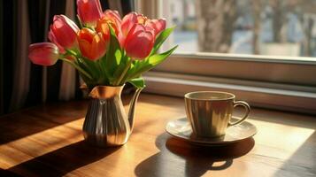 a cup of coffee sits on a table next to a vase of photo