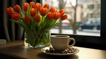 un taza de café se sienta en un mesa siguiente a un florero de foto