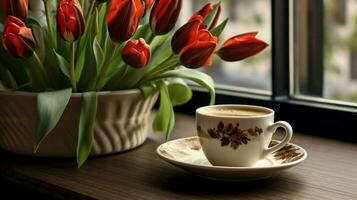 un taza de café se sienta en un mesa siguiente a un florero de foto