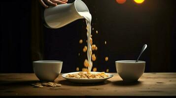 a cup of milk and a bowl of cereal being poured i photo