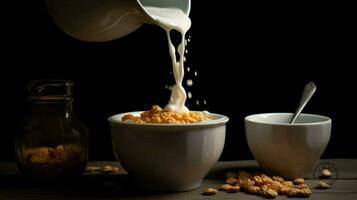 a cup of milk and a bowl of cereal being poured i photo