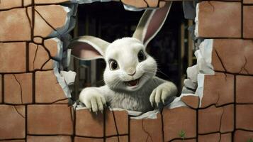a cute rabbit looks from a broken wall in 3d photo